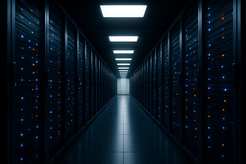 Wide shot of a clean, dark data center aisle with endless rows of server racks illuminated by square white ceiling lights, emphasizing scale and technological precision