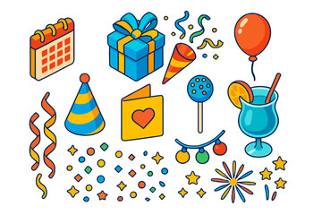 Colorful Celebration Icons. Isometric vector illustration set Celebration and Events: calendar, gift box, confetti, balloon, party