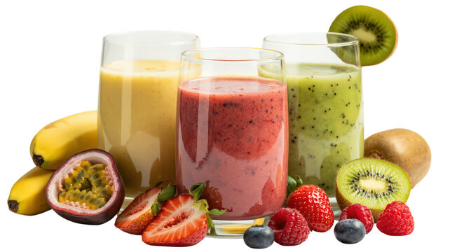 Assorted Fruit Smoothies in Glasses on Transparent Background