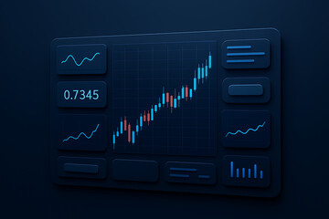 A dark futuristic digital display shows a rising financial stock market or cryptocurrency trading dashboard with candlestick charts, line graphs, and real time price data analysis