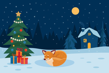 Christmas fox in snowy village, decorated tree, gifts, cozy home and winter night. Perfect festive illustration for cards, posters, and holiday projects.