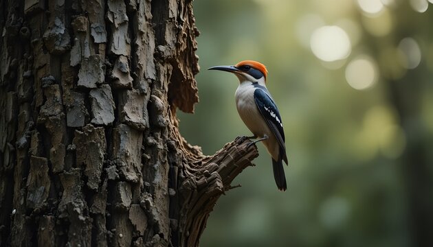 the attractive woodpacker bird sit chisel trees and fly