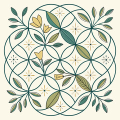 Fototapeta premium Geometric floral pattern with stylized leaves and flowers in teal green and yellow on a cream background seamless pattern with flowers