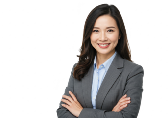 Smiling asian businesswoman in a grey suit isolated on transparent background