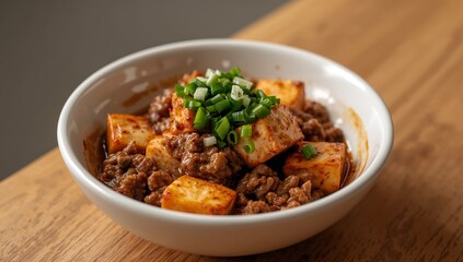 Culinary Composition. Tofu and Sauce in a Bowl with a Sprinkling of Fresh Herbs.