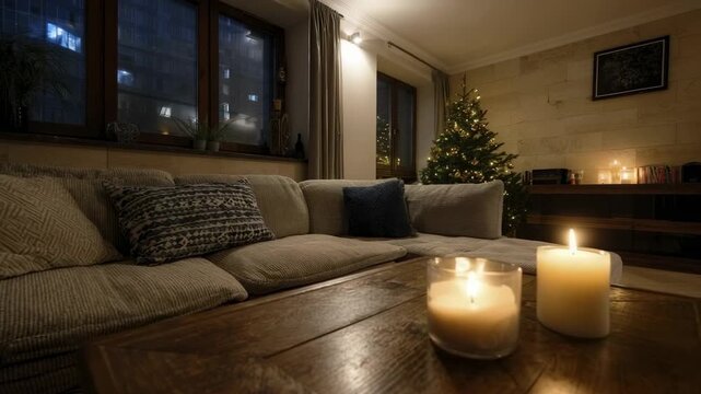 A warm illuminated living room features a soft couch a wooden table with lit candles and a festive decorated tree with windows revealing city lights at night