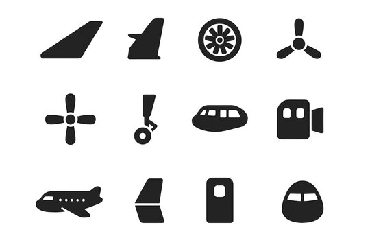 Airplane Parts Icons. Solid style icons of Airplane parts: wings, tail, engine, propeller, landing gear, cockpit, fuselage, rudder