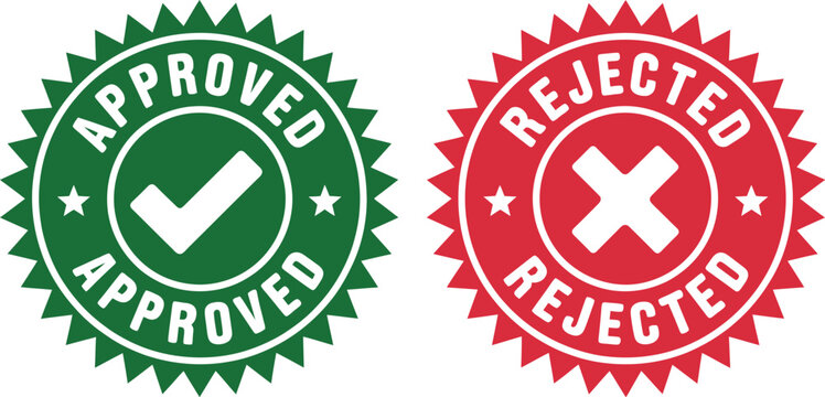 Approved and Rejected Round Seals with Green Check Mark and Red Cross Mark for Quality Control, Verification, or Pass-Fail Assessment Process