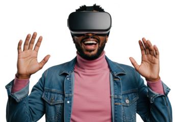 Man wearing virtual reality headset with hands raised isolated on transparent background
