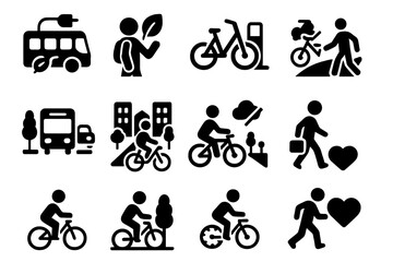 Eco-Friendly Transport Icons. Solid style icons of Eco and transport themes: sustainable transport, green commute, bike sharing,