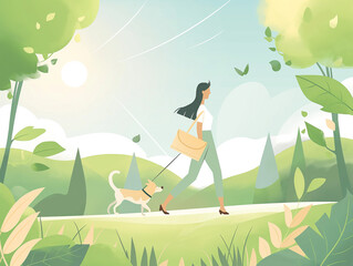 Cheerful Woman Walking Dog on Sunny Day in Bright Green Summer Park - Joyful Lifestyle Recreation Nature Illustration