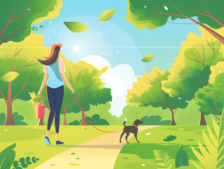 Bright Summer Park Scene with Children Playing and Woman Walking Dog - Colorful Green Nature Landscape Illustration