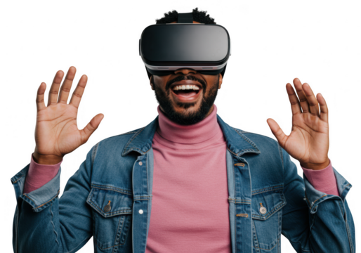 Man wearing virtual reality headset with hands raised isolated on transparent background