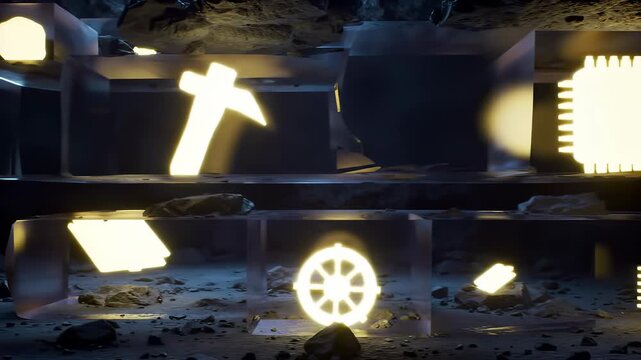 Collective Memory's Ancient Glowing Symbols: A Concept of Humanity's Enduring History, Culture, and Heritage Within Transparent Cubes of Knowledge.