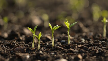 Fototapeta premium Emerging Green Shoots, Cultivated Earth, and the Promise of New Beginnings.