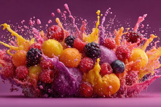 Refreshing fruit smoothie with splashes of juice, featuring kiwi, raspberries, and orange slices on an orange and purple gradient background