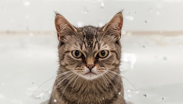 Feline Focus in a Fresh Shower, A CloseUp Portrait of a Tabby Cat in Water Droplets.