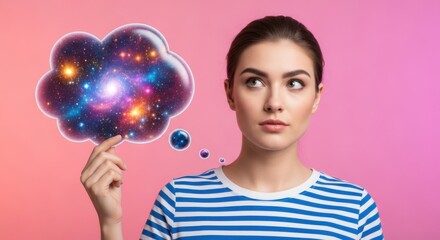 Naklejka premium Woman contemplating the universe with colorful thought bubble against a pink backdrop