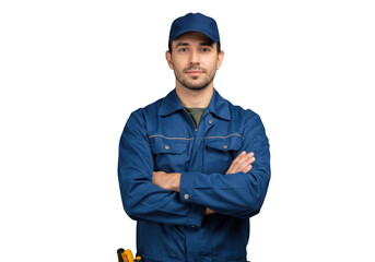 Male mechanic wearing blue uniform and cap arms crossed isolated on transparent background