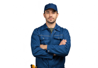 Male mechanic wearing blue uniform and cap arms crossed isolated on transparent background