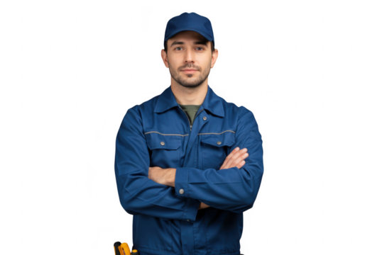 Male mechanic wearing blue uniform and cap arms crossed isolated on transparent background