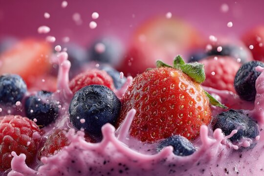 Refreshing fruit smoothie with splashes of juice, featuring kiwi, raspberries, and orange slices on an orange and purple gradient background - Powered by Adobe