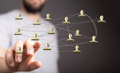 Hand reaching out to connected network icons. Perfect for illustrating social media, online communities, business connection and technology.