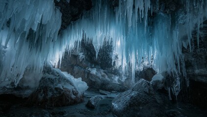 Frozen Drapery. A Study in Blue Hues and Ice Formations, Darkened Interior Space.