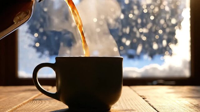 Warm coffee steaming into a mug on a rustic wooden table, with a snowy winter scene outside the window.
