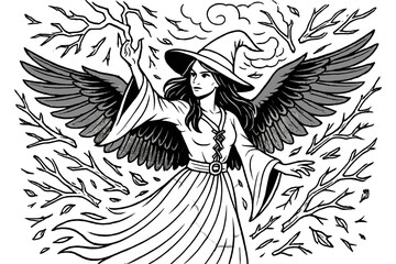 Obraz premium Witch Summoning Storms. Enchanted witch with raven wings summoning storms with lightning and broken branches flying, black and