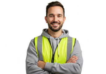 Smiling construction worker wearing a high visibility vest isolated on transparent background