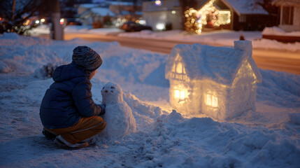 Child building a snowman beside a softly lit Christmas house.