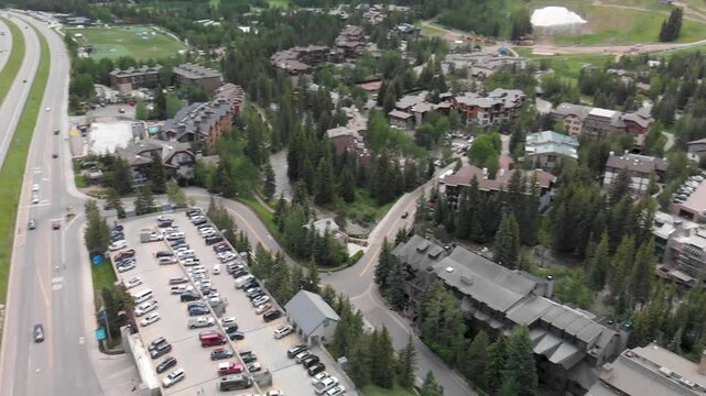 Vail city center and surrounding mountains, Colorado. Aerial view from drone in summer season