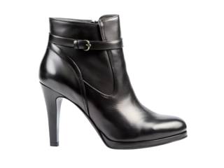 Black leather high heel ankle boot with buckle isolated on transparent background