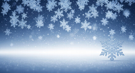 Image with blue snowflakes on a snowy surface, representing winter, cold, and holiday season, creating a peaceful and frosty atmosphere
