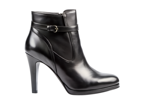 Black leather high heel ankle boot with buckle isolated on transparent background