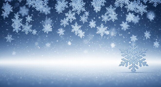 Image with blue snowflakes on a snowy surface, representing winter, cold, and holiday season, creating a peaceful and frosty atmosphere