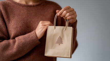 Woman hands holds small brown paper gift bag with Christmas tree design