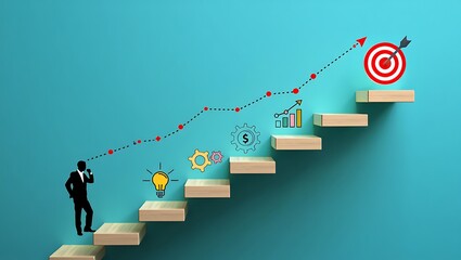 Business growth chart with steps target and businessman silhouette image