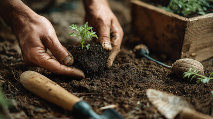 Hand placing seedling into compost soil