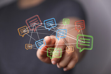 Concept of communication and technology using connected message bubbles forming a network. Visualization of digital connectivity, social media i