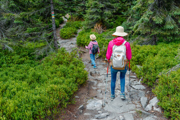 Rear view of a mother and child hiking on a rocky waymarked forest trail, wearing sun hats and...