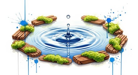 Water droplet creates ripples in a serene pond with wooden edges and vibrant green moss