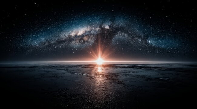 Dark sky with a bright sun in the middle. The sun is shining on the water, creating a beautiful and serene scene