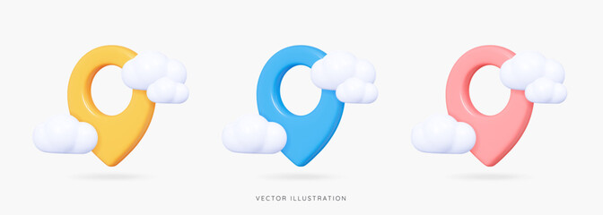 3D Location pin with clouds in blue, yellow and pink. Navigation mark. Travel tag with shadow. Minimal element for map, web and gps. Cartoon creative design icon isolated. 3D Vector illustration