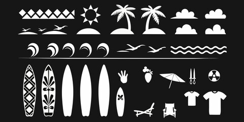 Collection of white silhouette icons representing summer beach and tropical vacation activities and elements