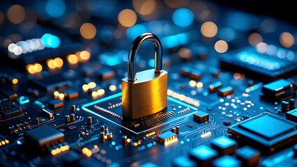 Golden padlock on illuminated blue circuit board technology background security computer
