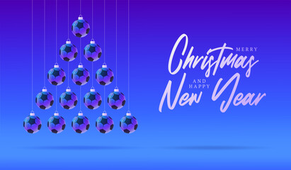 Football or Soccer Christmas and New Year sport banner. Merry Christmas tech greeting card with xmas ball as a bauble on purple neon background. Vector illustration