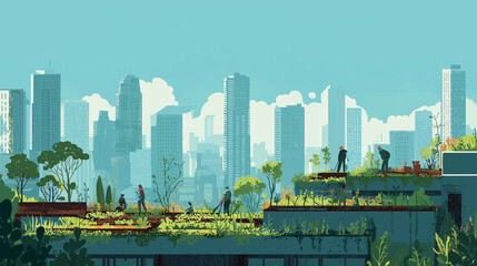 Green rooftop garden on urban building