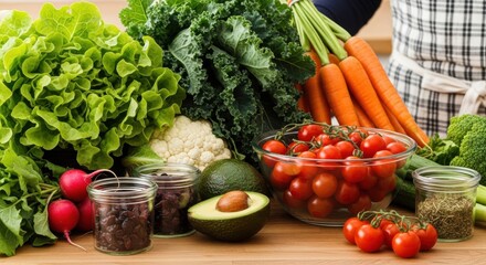 Fresh vegetables and herbs arranged on a wooden countertop for healthy cooking preparation in a bright kitchen